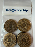 Serenity Prayer reverse of RecoveryChip 1 Year bronze medallions in RecoveryChip packaging