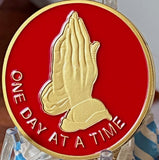 Praying Hands One Day At A Time Red Gold Tone Serenity Prayer Medallion