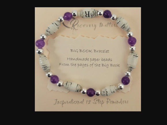 AA Big Book Bracelet Purple & Silver Beads Made From Real Pages From The Big Book