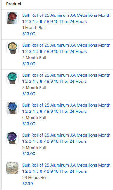 Aluminum AA Medallion Set of 150 Chips Month 1 2 3 6 9 24 Hours 25 Coins Each Group Refill