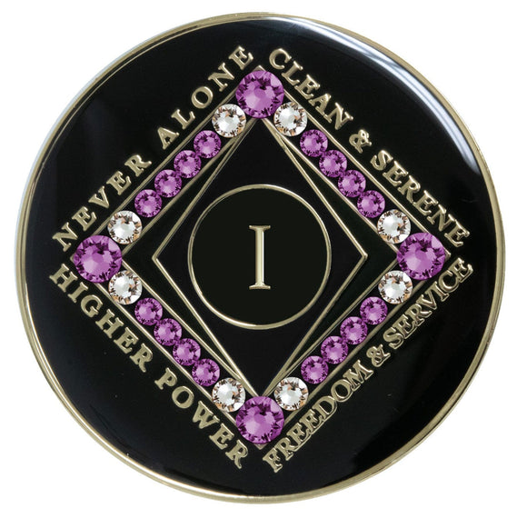 1 Year NA Style Clean Time Medallion Amethyst Purple Crystal Black Tri-Plate Chip