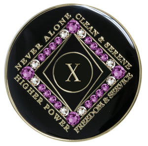 10 Year NA Style Clean Time Medallion Amethyst Purple Crystal Black Tri-Plate Chip