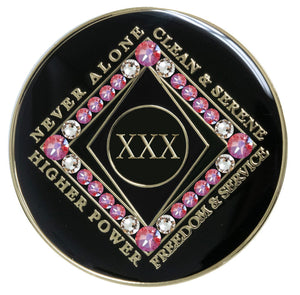 30 Year NA Style Clean Time Medallion Pink Rose Crystal Black Tri-Plate Chip