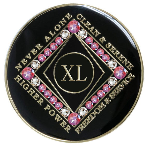 40 Year NA Style Clean Time Medallion Pink Rose Crystal Black Tri-Plate Chip