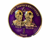 RecoveryChip 1 Year AA Founders Medallion front with Bill W and Dr Bob, purple and gold