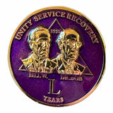 RecoveryChip 50 Year AA Founders Medallion front with Bill W and Dr Bob, purple and gold