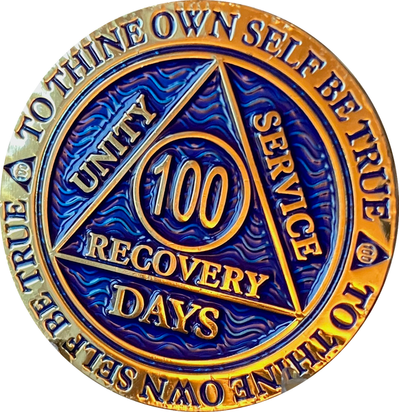 100 Days AA Medallion Antique Bronze Blue Sobriety Chip