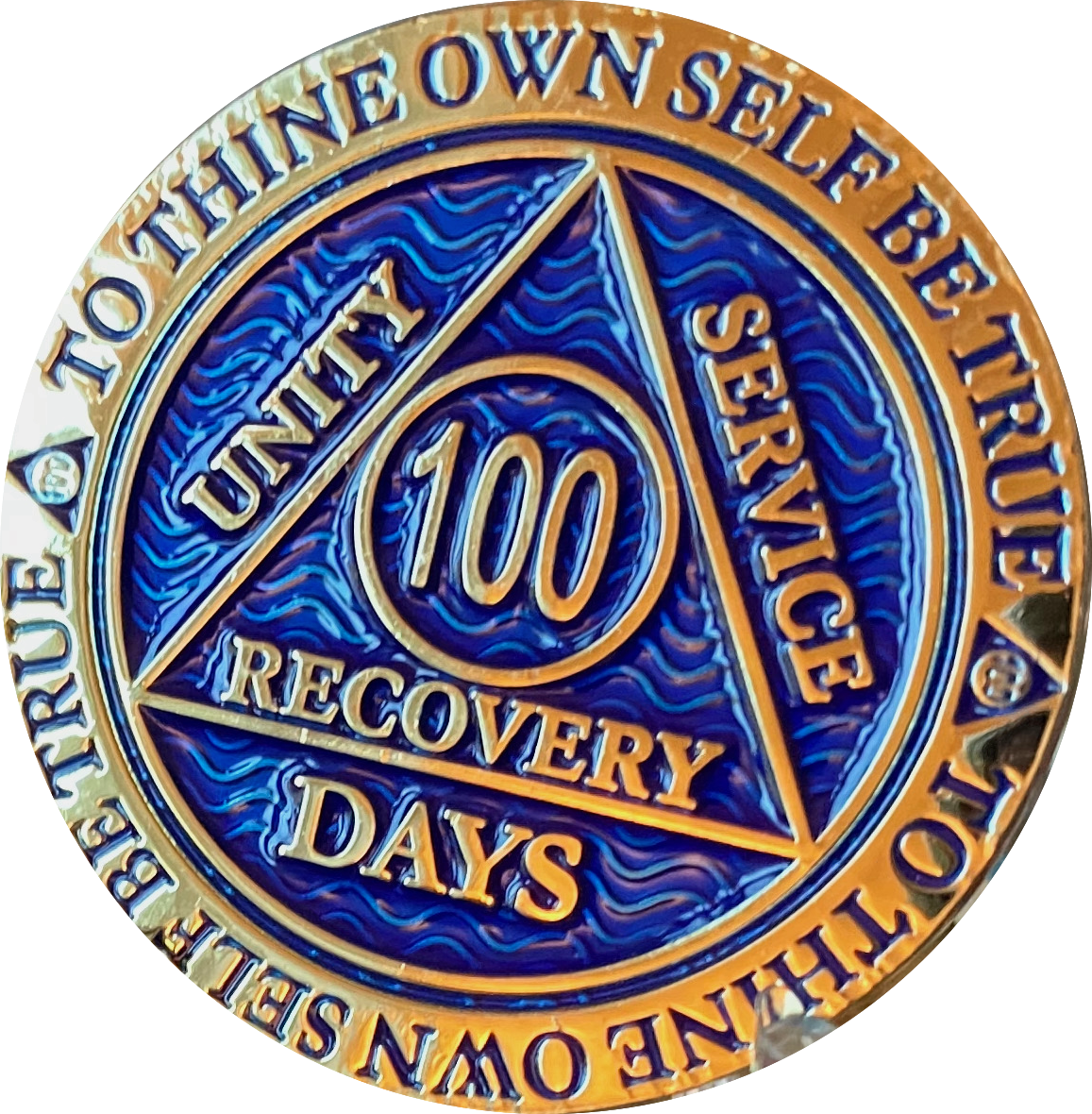 100 Days AA Medallion - Reflex Design Antique Bronze & Blue Chip With Serenity Prayer