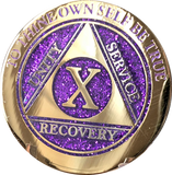10 Year AA Medallion Elegant Purple Glitter Gold Silver Sobriety Chip