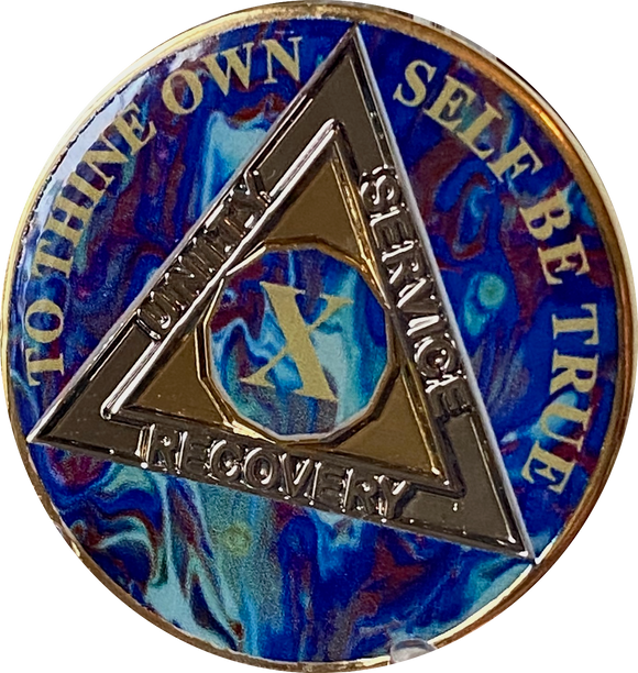 10 Year AA Medallion Sapphire Blue Swirl Tri-Plate Sobriety Chip