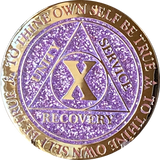 1 - 10 Year AA Medallion Reflex Glitter Lavender Purple Gold Plated Sobriety Chip
