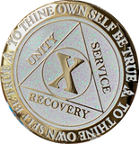 1 2 3 4 5 6 7 8 9 10 11 12 13 14 or 15 Year AA Medallion Reflex White Glitter Gold Plated Sobriety Chip