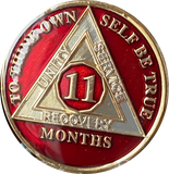 1 2 3 4 5 6 7 8 9 10 11 or 18 Month AA Medallion Metallic Mandarin Red Tri-Plate Sobriety Chip