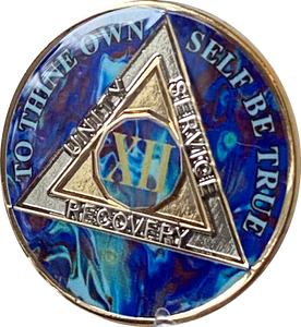 12 Year AA Medallion Sapphire Blue Swirl Tri-Plate Sobriety Chip