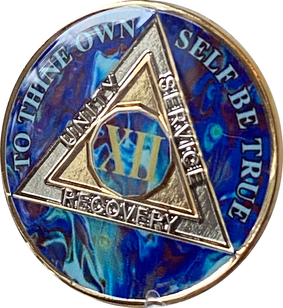 12 Year AA Medallion Sapphire Blue Swirl Tri-Plate Sobriety Chip