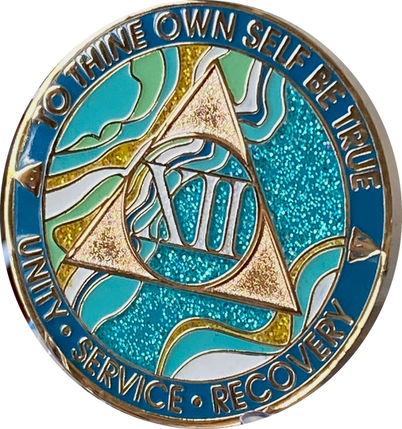 12 Year AA Medallion Elegant Caribbean Aqua Glitter Teal Marble Gold Sobriety Chip