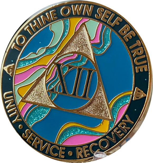 12 Year AA Medallion Elegant Tahiti Teal Blue and Pink Marble Gold Sobriety Chip