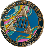 12 Year AA Medallion Elegant Tahiti Teal Blue and Pink Marble Gold Sobriety Chip