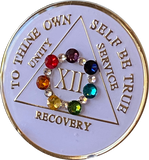 12 Year AA Medallion White Circle Shakra Crystal Tri-Plate Sobriety Chip