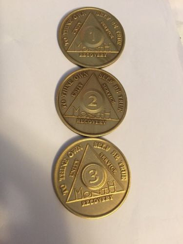 Lot Of 3 Alcoholics Anonymous AA 1 2 3 Month Bronze Medallions Chips - RecoveryChip