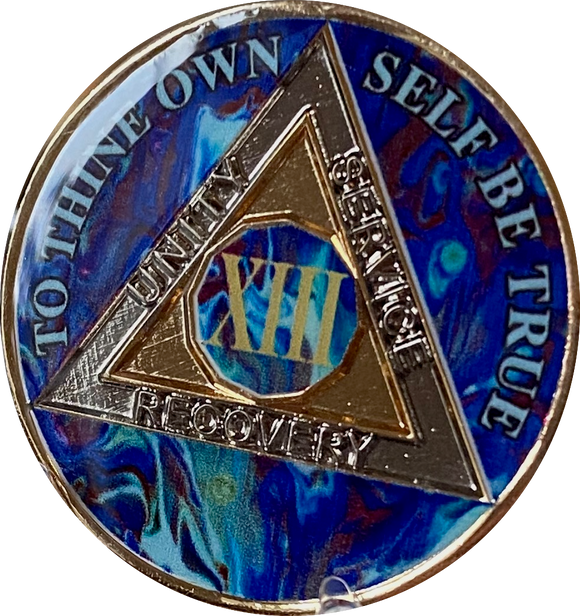 13 Year AA Medallion Sapphire Blue Swirl Tri-Plate Sobriety Chip