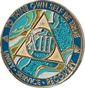 13 Year AA Medallion Elegant Caribbean Aqua Glitter Teal Marble Gold Sobriety Chip