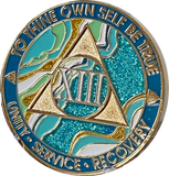 13 Year AA Medallion Elegant Caribbean Aqua Glitter Teal Marble Gold Sobriety Chip