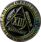 1 - 15 Year AA Medallion Reflex Rainbow Plated Black Sobriety Chip