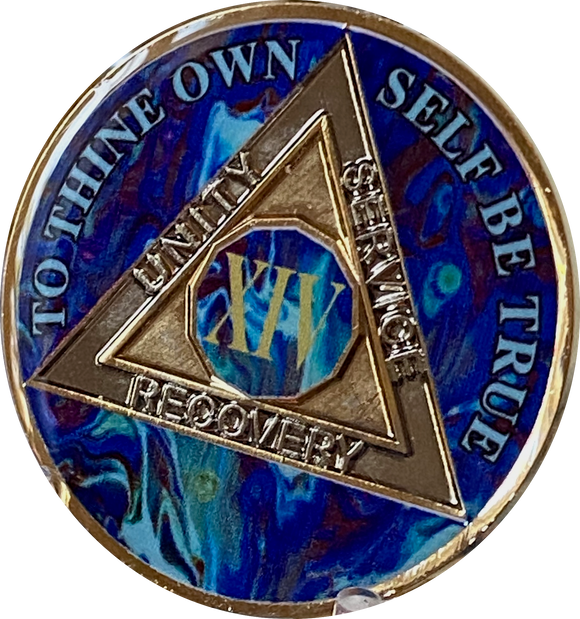 14 Year AA Medallion Sapphire Blue Swirl Tri-Plate Sobriety Chip
