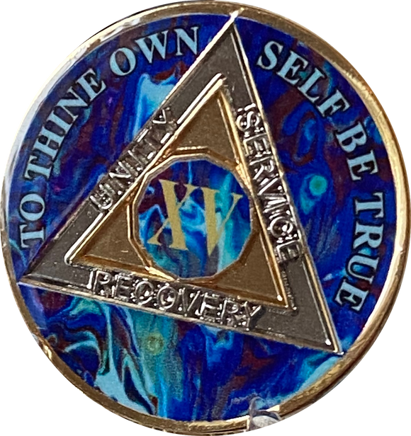 15 Year AA Medallion Sapphire Blue Swirl Tri-Plate Sobriety Chip
