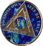 15 Year AA Medallion Sapphire Blue Swirl Tri-Plate Sobriety Chip