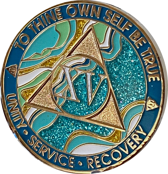 15 Year AA Medallion Elegant Caribbean Aqua Glitter Teal Marble Gold Sobriety Chip