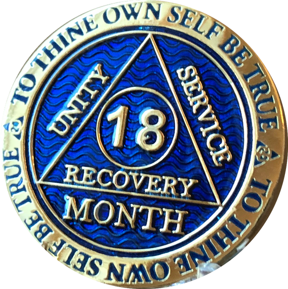 18 Month AA Medallion Reflex Blue Gold Plated Sobriety Chip - RecoveryChip