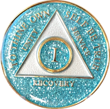 AA Medallion Aqua Blue Glitter Tri-Plate Sobriety Chip Year 1 - 45 - RecoveryChip