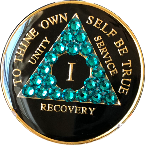 Crystallized AA Medallion Black Blue Zircon Tri-Plate Sobriety Chip Year 1 - 50 - RecoveryChip