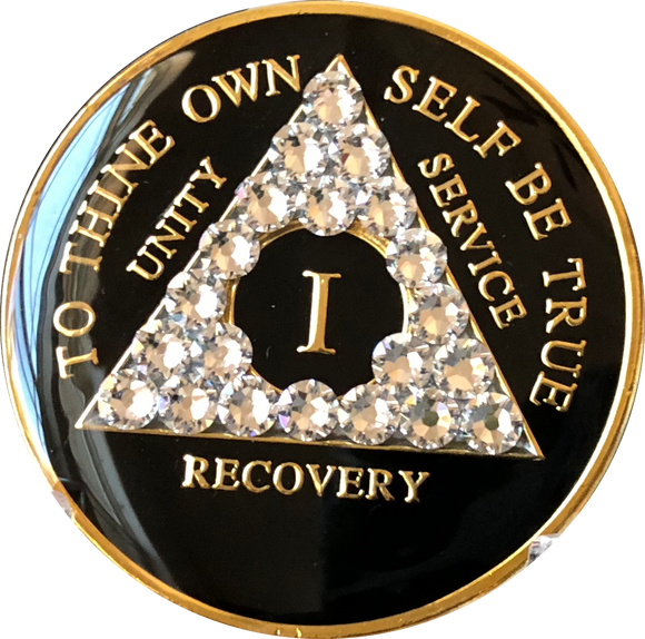 Swarovski Crystal AA Medallion Black Tri-Plate Sobriety Chip Year 1 - 50 - RecoveryChip