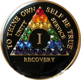 1 Year AA Medallion Black Tri-Plate Rainbow Swarovski Crystal Sobriety Chip - RecoveryChip
