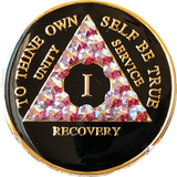 Rose Swarovski Crystal AA Medallion Black Tri-Plate Sobriety Chip Year 1 - 50 - RecoveryChip