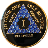 Blue Sapphire Swarovski Crystal AA Medallion Black Tri-Plate Sobriety Chip Year 1 - 50 - RecoveryChip