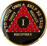 Siam Red Swarovski Crystal AA Medallion Black Tri-Plate Sobriety Chip Year 1 - 50 - RecoveryChip