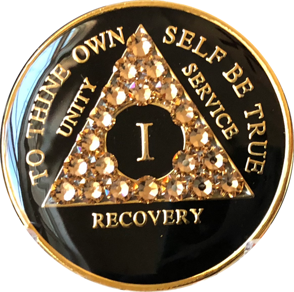 Colorado Topaz Swarovski Crystal AA Medallion Black Tri-Plate Sobriety Chip Year 1 - 50 - RecoveryChip