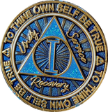 1 or 2 Year AA Medallion Cosmic Blue Glitter Gold Plated Sobriety Chip