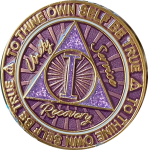 1 Year AA Medallion Cosmic Purple Glitter Gold Plated Sobriety Chip