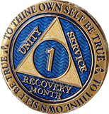1 - 11 Month AA Medallion Elegant Blue Gold Plated 30 Day Sobriety Chip
