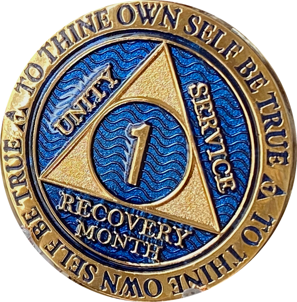 1 Month AA Medallion Elegant Blue Gold Plated 30 Day Sobriety Chip