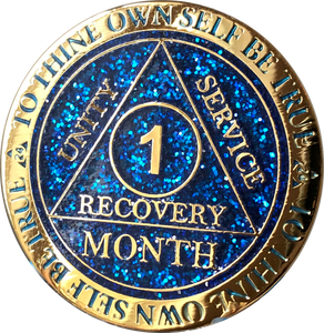 1 Month AA Medallion Reflex Blue Glitter Gold Plated Sobriety Chip - RecoveryChip