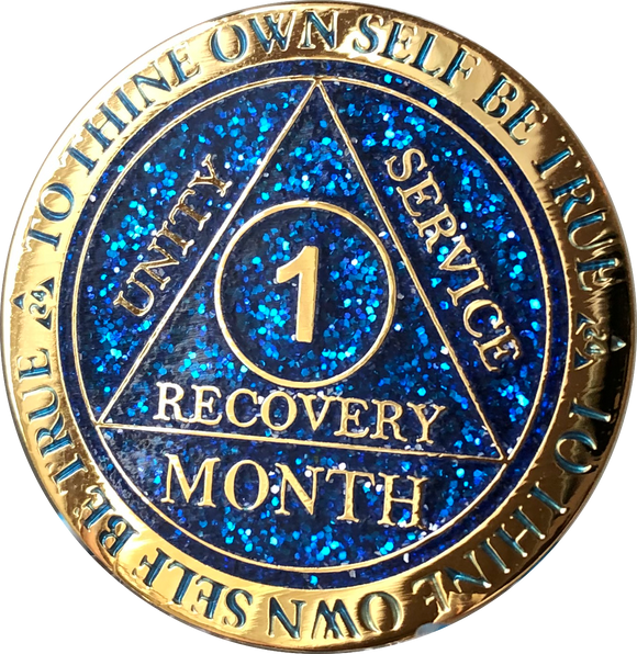 1 Month AA Medallion Reflex Blue Glitter Gold Plated Sobriety Chip - RecoveryChip