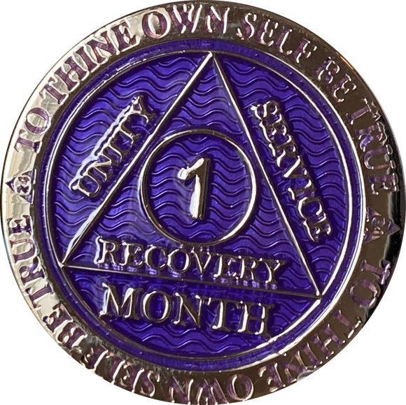 1 Month AA Medallion Reflex Purple Silver Plated Sobriety Chip Coin