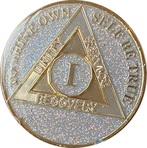 1 Year AA Medallion Silver Opal Glitter Tri-Plate Sobriety Chip