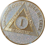 1 Year AA Medallion Silver Opal Glitter Tri-Plate Sobriety Chip